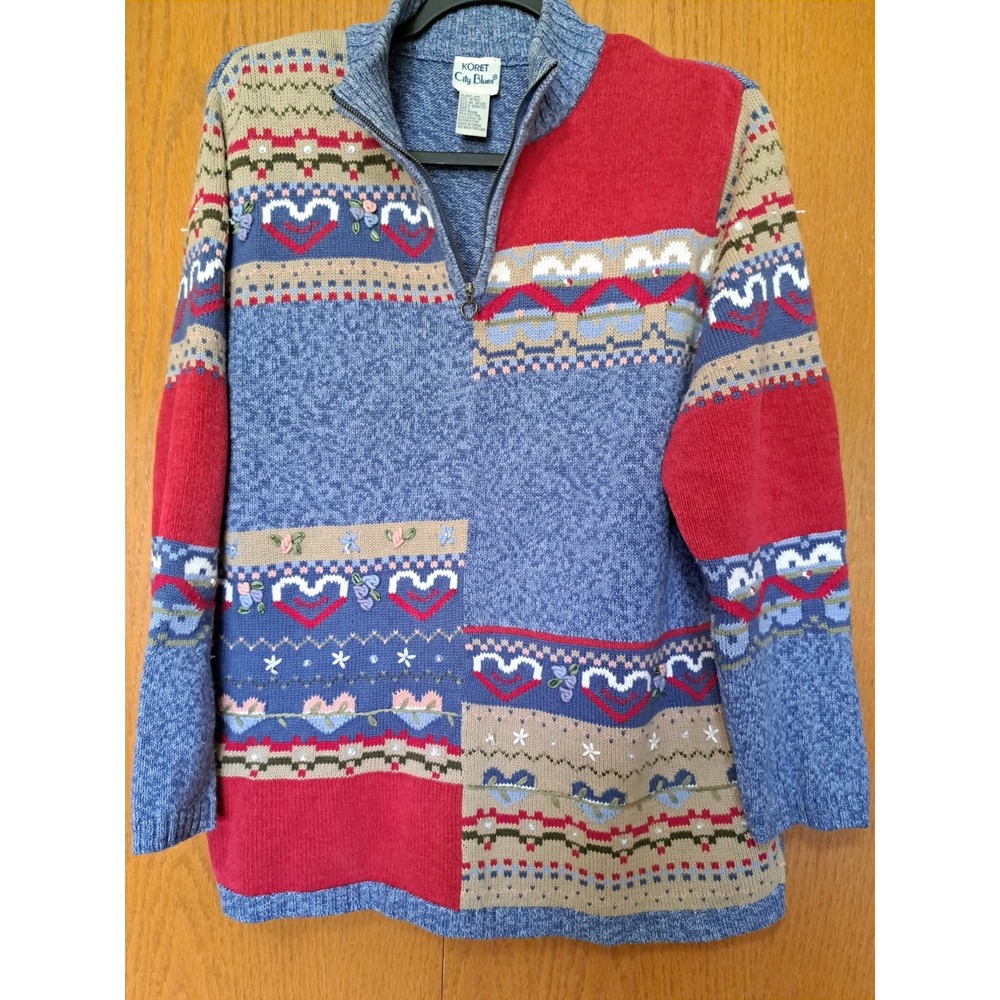 VTG Koret City Blues Women's Knit Embroidered Quarter Zip Sweater Cotton Blend L
